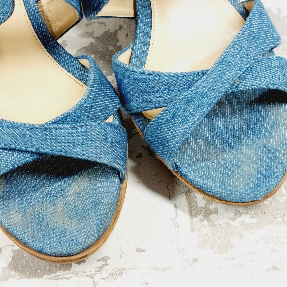 Alexandre Birman Denim Fabric Wedge Slip On Buckle Ankle Strap Sandals O135